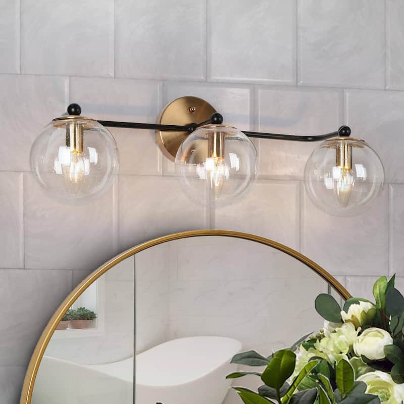 Modern 2/3 Light Black Gold Bathroom Vanity Lights Over Mirror Dual Globe Seeded Glass Wall Sconces Fixture for Bathroom - 3-Light