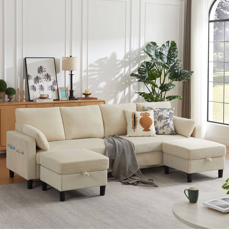 101" Corduroy U Shaped Sectional Sofa with Storage Ottoman