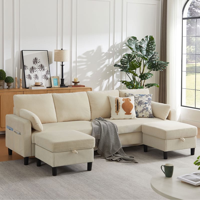 101'' Corduroy Upholstered Sectional Sofa With Storage Ottoman