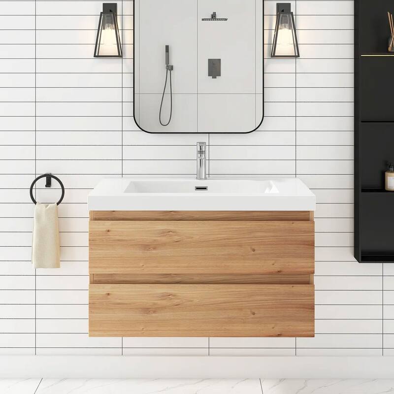 Floating Bathroom Vanity with Resin Top - 35.43'' x 19.45'' x 22.44'' - Natural Oak