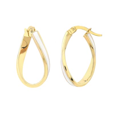 Curata 14k Yellow Gold 16.3x3mm White Enamel Oval Twist Hoop Earrings