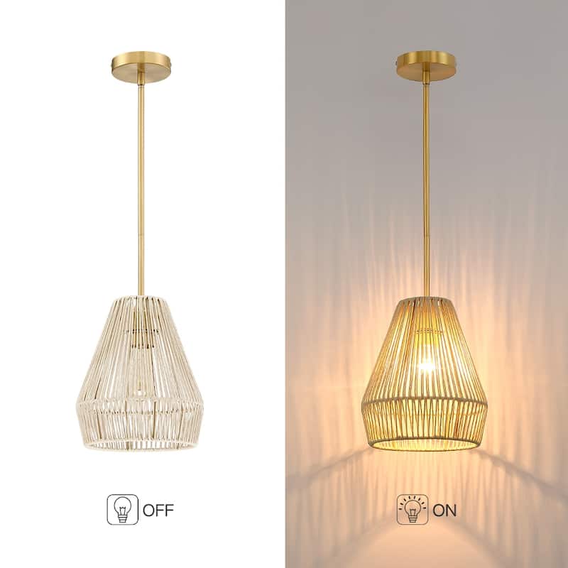 1-Light Rattan Single Pendant Light with Brass Canopy - 9.5'' W