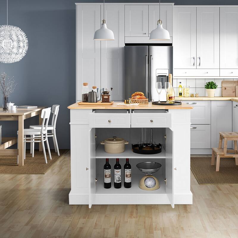 Gymax Large Kitchen Island Drop Leaf Breakfast Bar w/ Wood Top Shelves