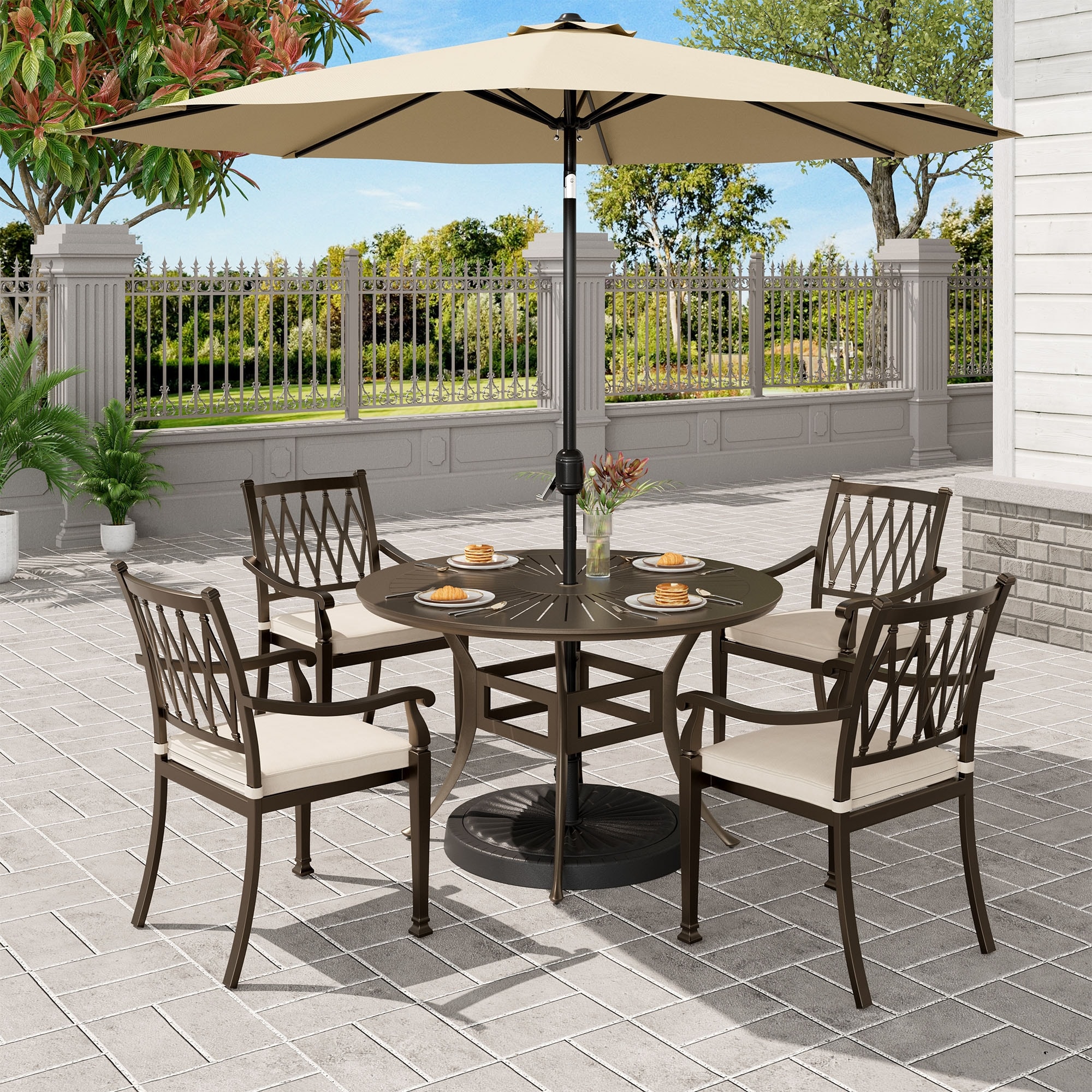 5 Piece Outdoor Patio Dining Set, Round Table and 4 Dining Chairs, Beige Cushion