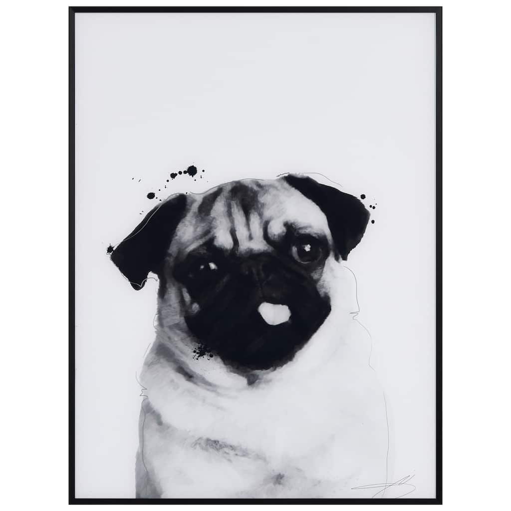 "Pug" Black and White Pet Paintings on Printed Glass Encased with a Black Anodized Frame