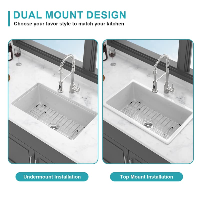 Undermount Single Bowl Fireclay Kitchen Sink - Dual Mount White Porcelain Fireclay Rectangular Deep Single Bowl Sink Basin