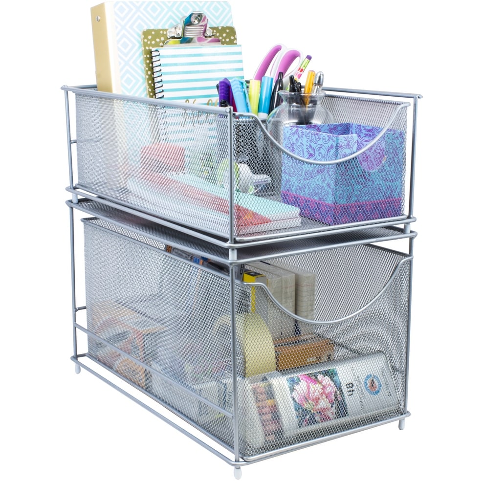Desk Organizer for Women, Mesh Office Supplies Desk Accessories, Features 4  Compartments + 1 Mini Sliding Drawer
