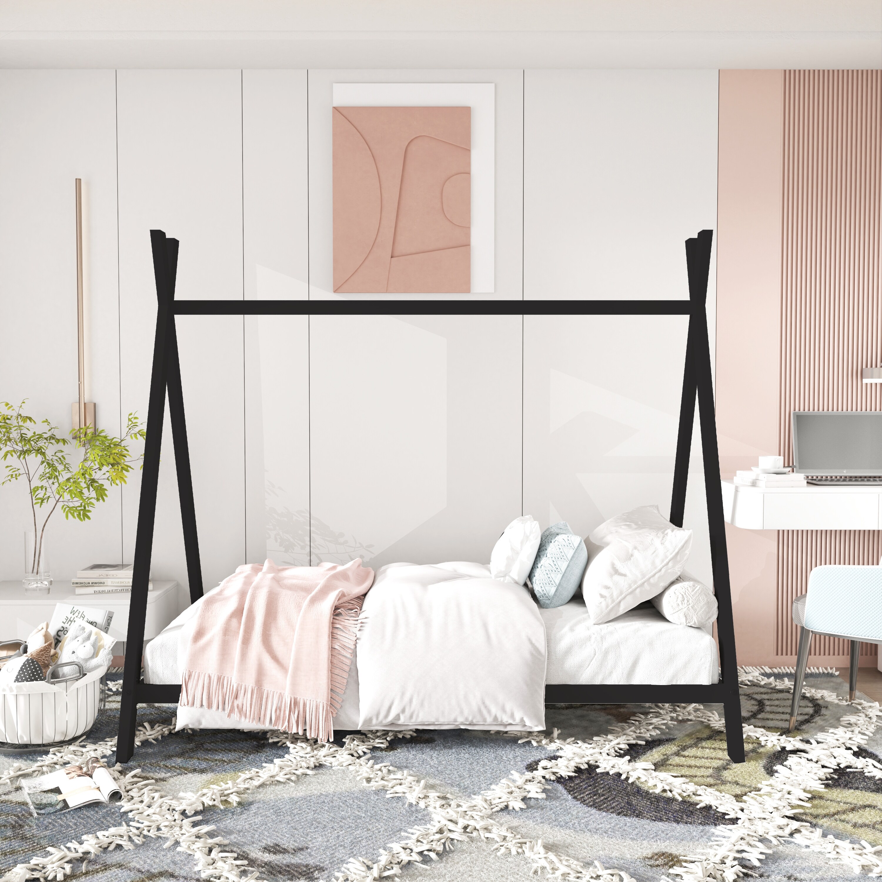 House Bed Tent Bed Frame Twin Size Metal Floor Play House Bed with