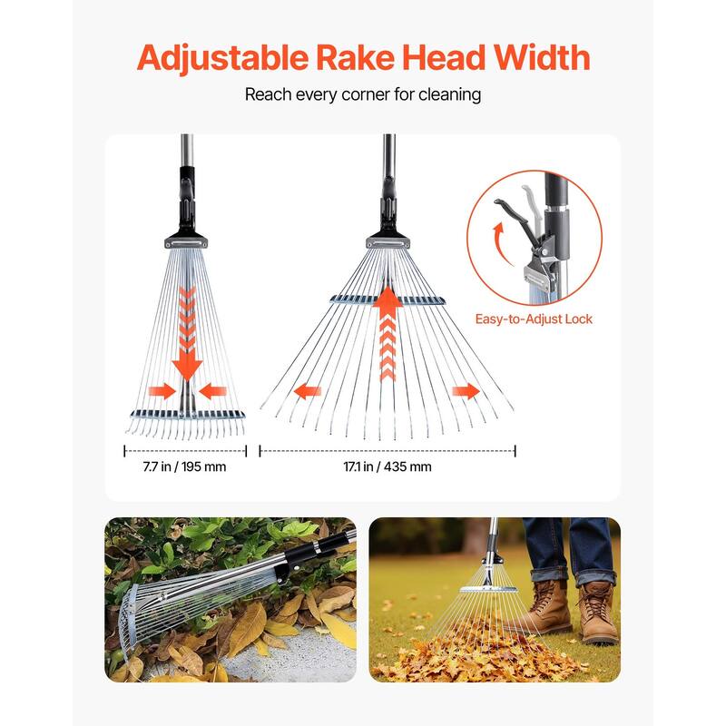 Adjustable Lawn Rake for Leaves and Grass, Stainless Steel - 55.6 x 17.13 x 2.91 in
