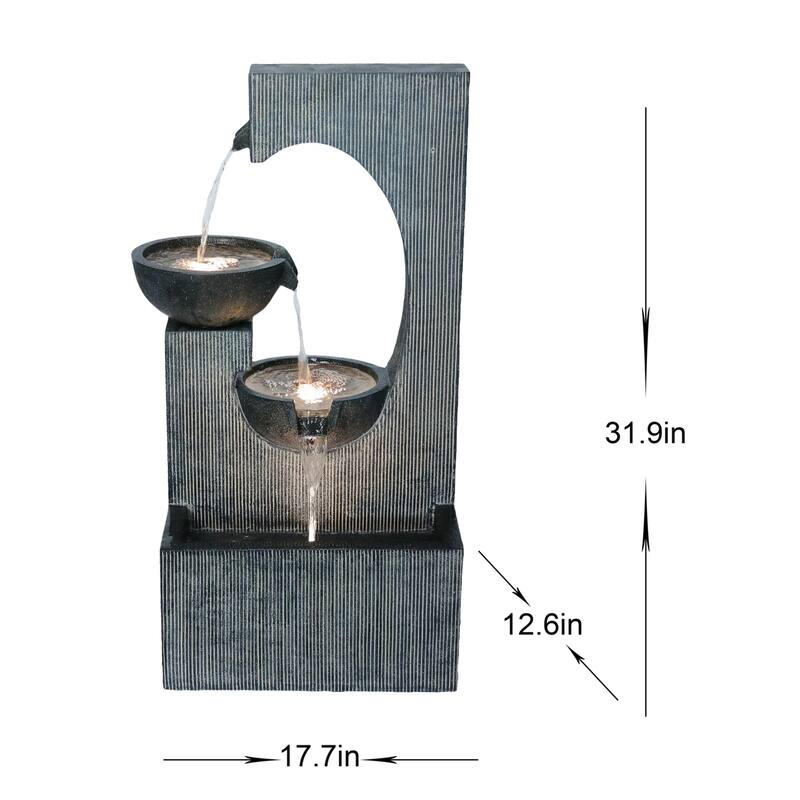 LED Lighted 3-Tier Cascading Outdoor Garden Water Fountain - 31.75" - Gray