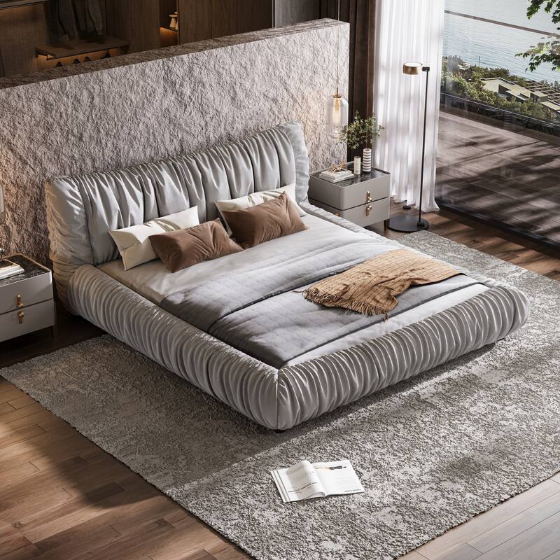 King Size Low Profile Platform Bed with Removable Cushion and Solid Wood Frame Modern Fully Upholstered Bed Frame with Headboard