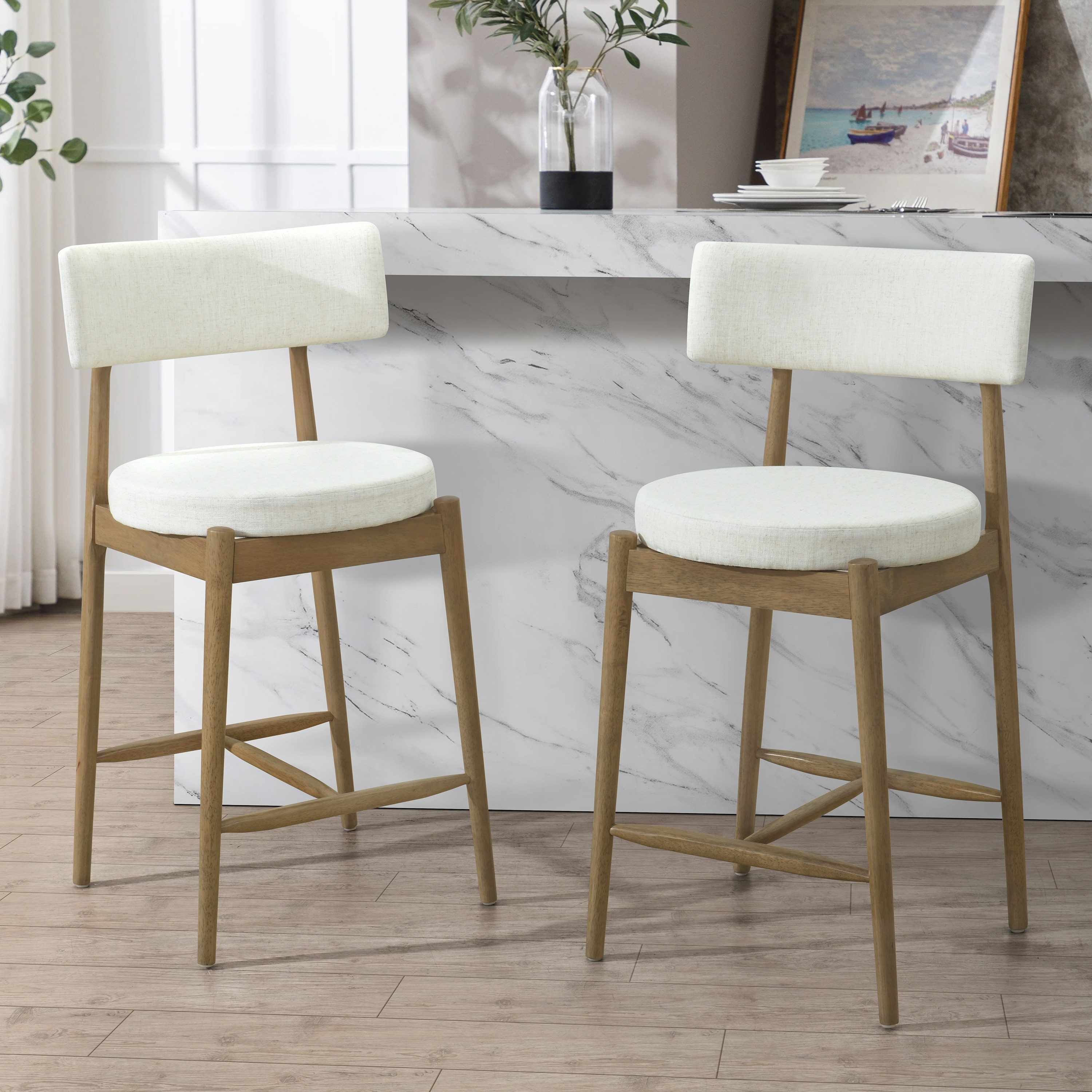 Roomfitters Mid-Century Modern Counter Stools with Upholstered Seat & Curved Back, Bar-Height Chairs (Set of 2)