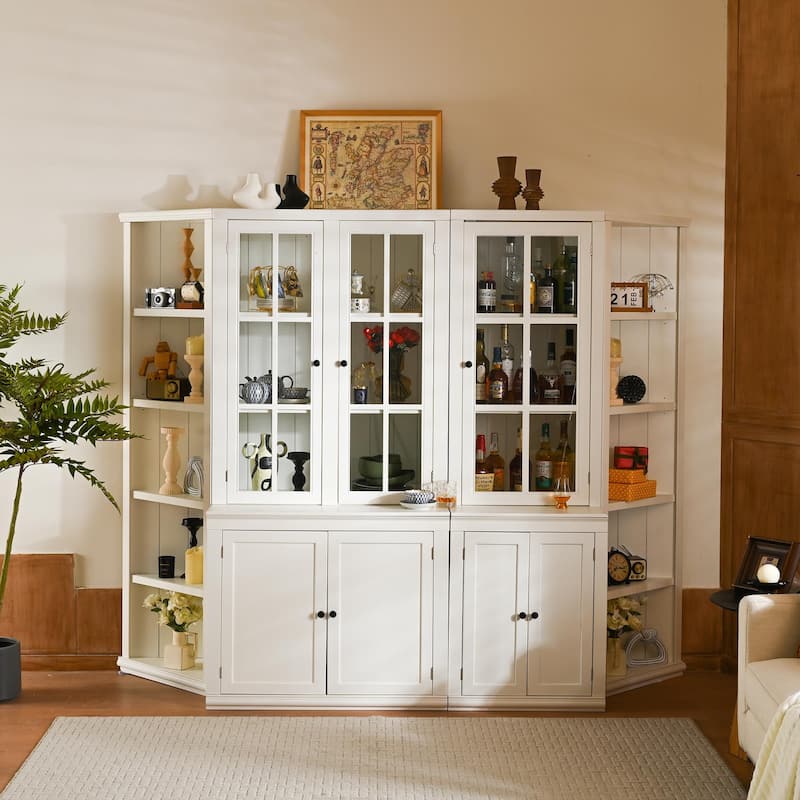 Roomfitters 75.25'' Display Cabinet with Glass Doors and Two Triangle Bookshelves, Retro Wall Storage Unit for Living Room
