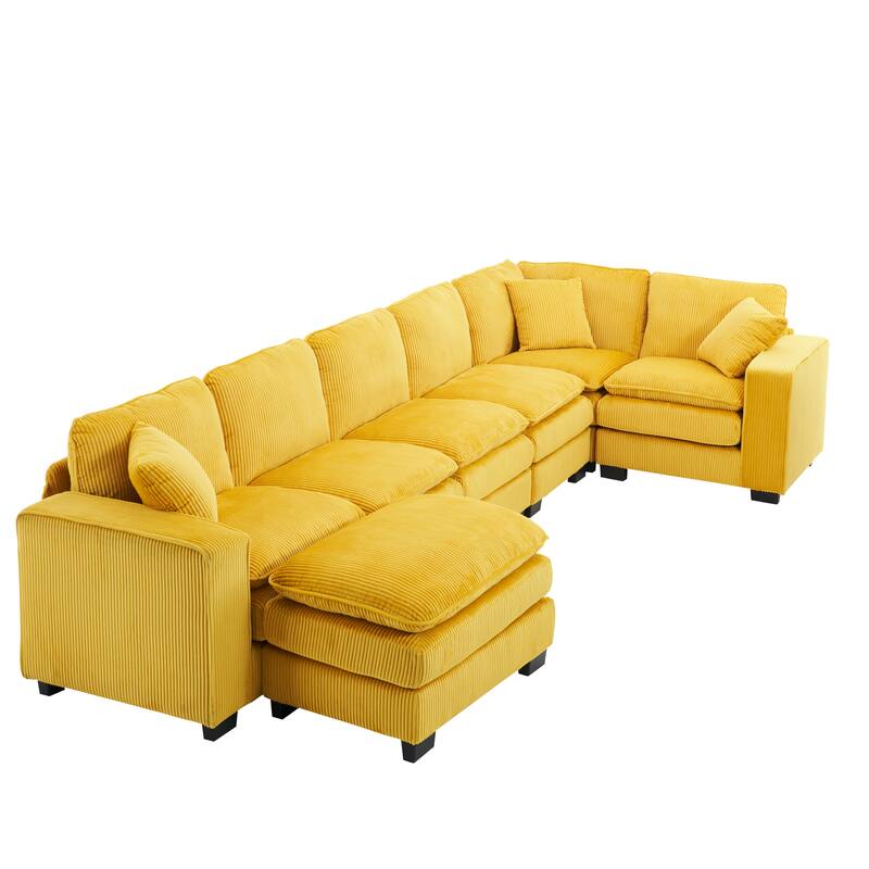 Modular Sectional Sofa for Living Room, U Shaped Sofa Couch with Ottoman and Three Toss Pillows, Corduroy Fabric Sofa Set
