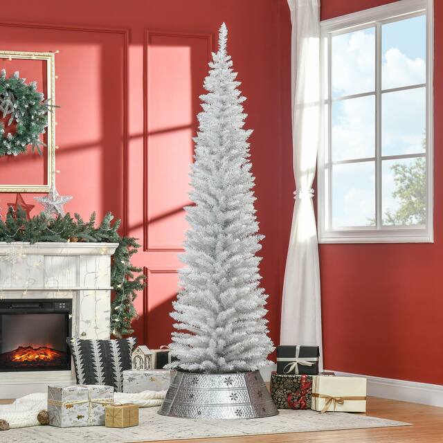 HOMCOM 7' Hinged Noble Fir Unlit Slim Christmas Tree with Stand - N/A - White