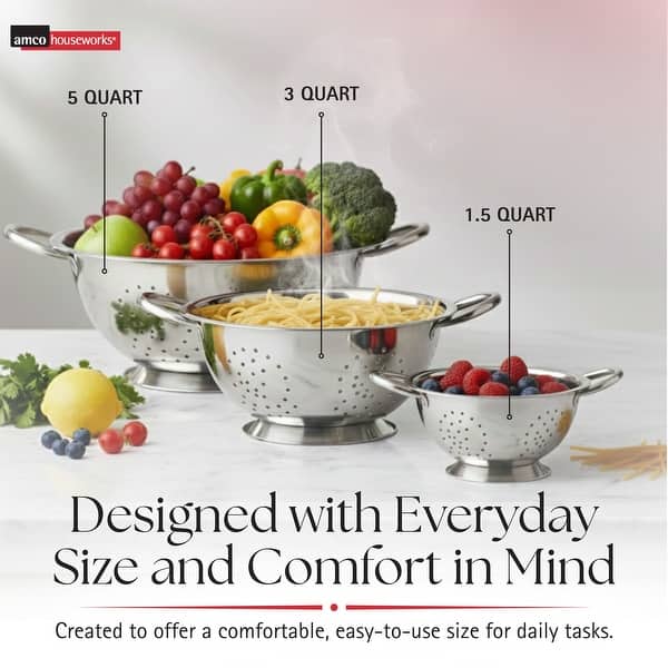 Amco 3-Piece Stainless Steel Colander Set - 1.5, 3, 5 Quart - 1.5, 3, 5 Quart