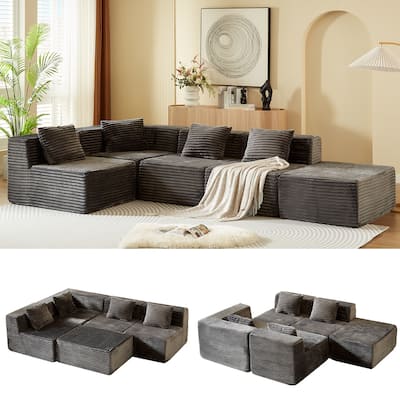 Modular L-Shape Corduroy Sofa in Dark Gray, Easy Assembly