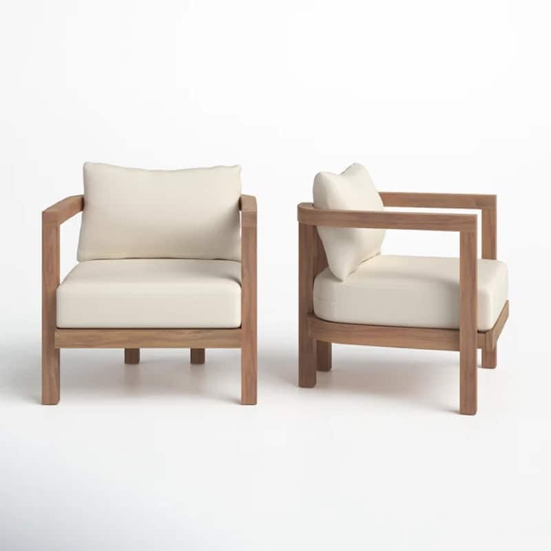 Roomfitters Outdoor Acacia Wood Patio Club Chair, Waterproof Cushions, Wash Finish with Beige Cushions