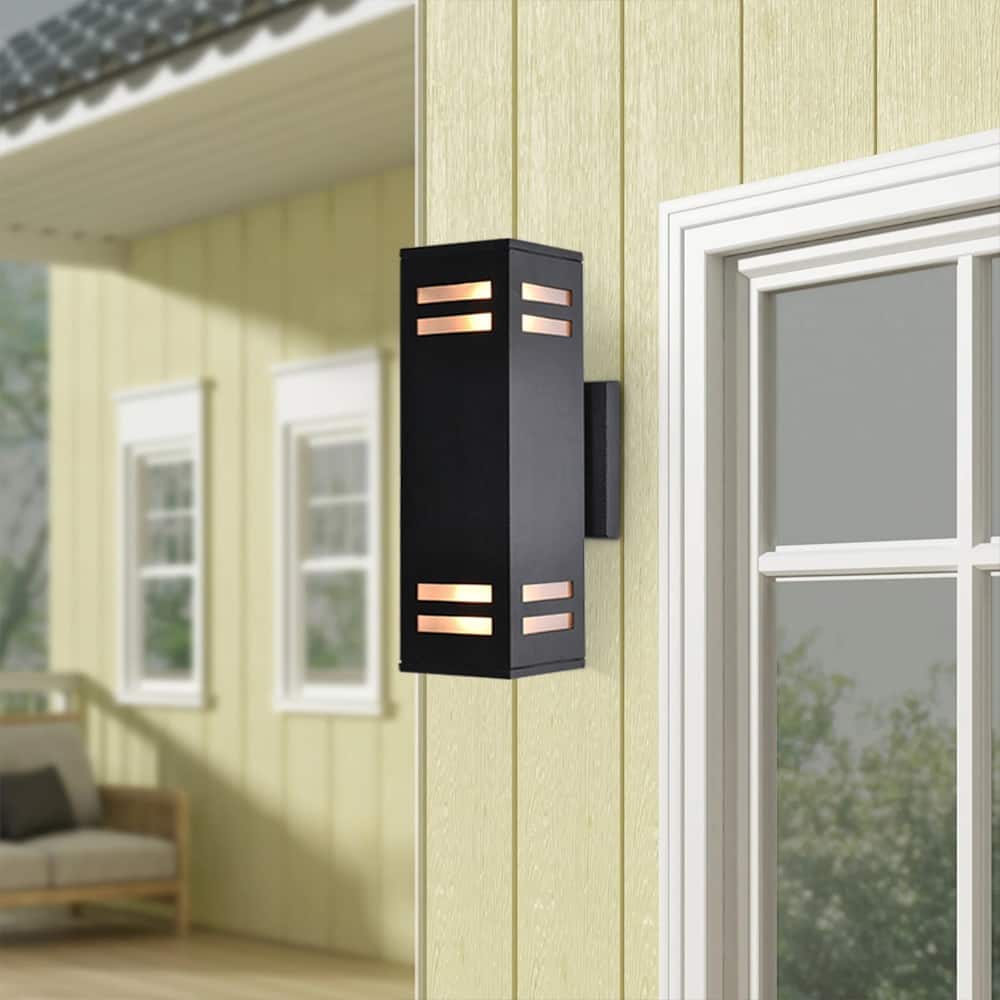 2 Pack 2-Light Mid-Century Modern Black Square Outdoor Waterproof Lantern Wall Sconces - 3.5 in. W x 11.2 in. H