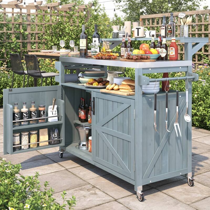 Outdoor Kitchen Island, Solid Wood Storage Cabinet with Stainless Steel Top and Lockable Wheels