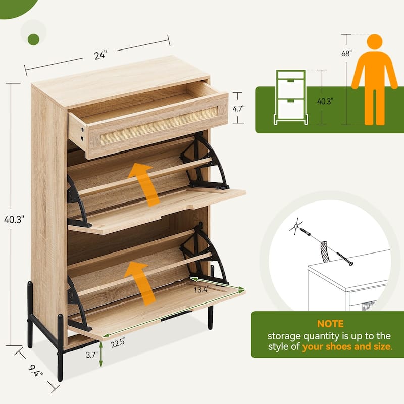 Rattan Shoe Cabinet with 2 Flip Drawers and 1 Small Drawer