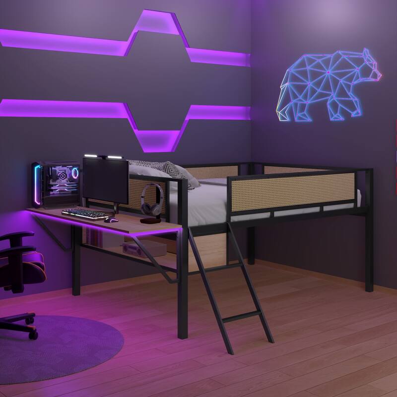 Metal Loft Bed with Desk, LED Lights & Storage