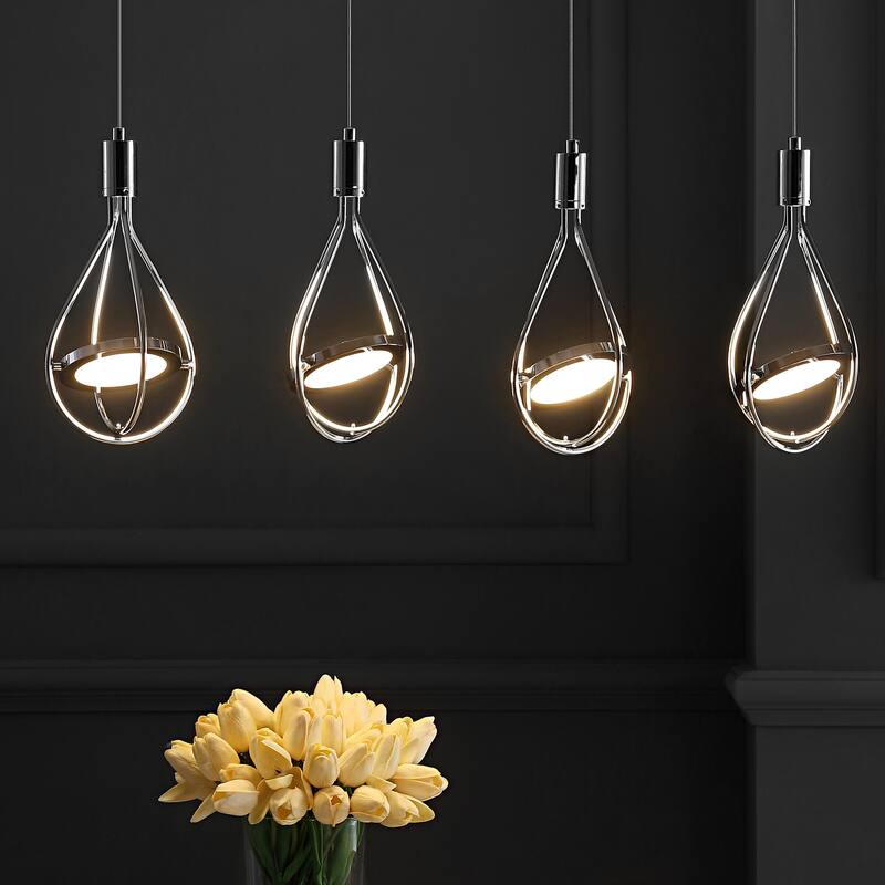 Alain 29" Adjustable Modern Integrated 4-Light Linear LED Metal Pendant, Chrome by JONATHAN Y