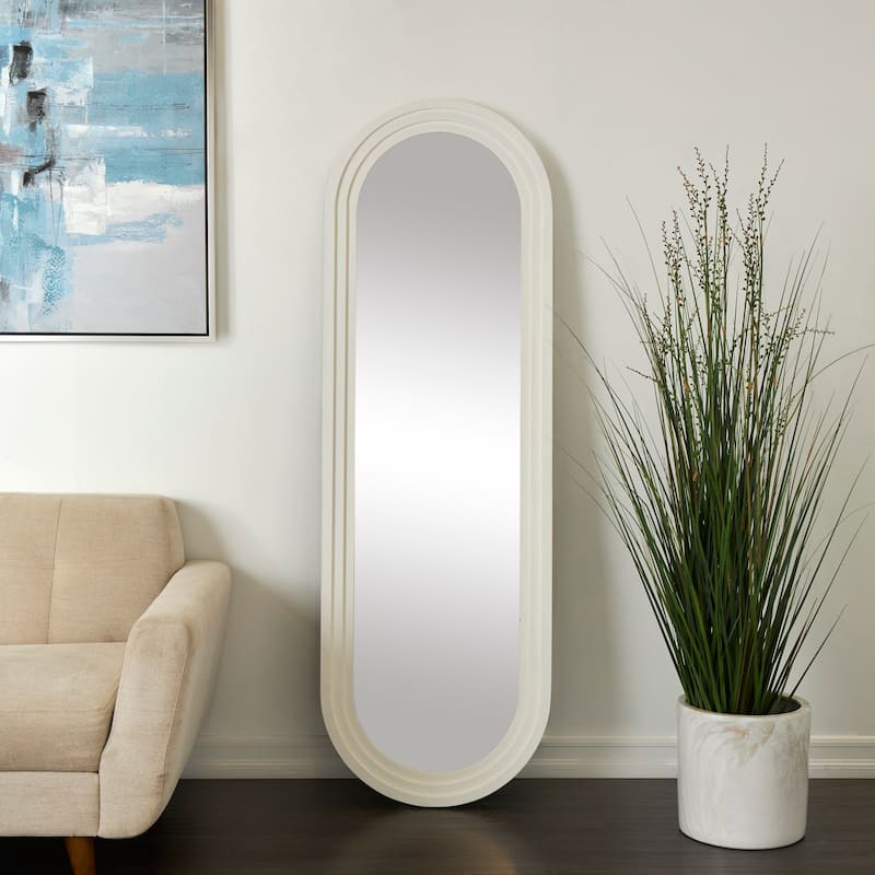 White Wooden Oval Room Wall Mirror with Layered Frame - White