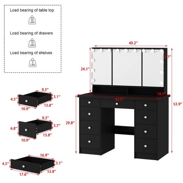 dimension image slide 0 of 2, Luxurious LED Makeup Vanity with 9 Drawers Elegant Makeup Station