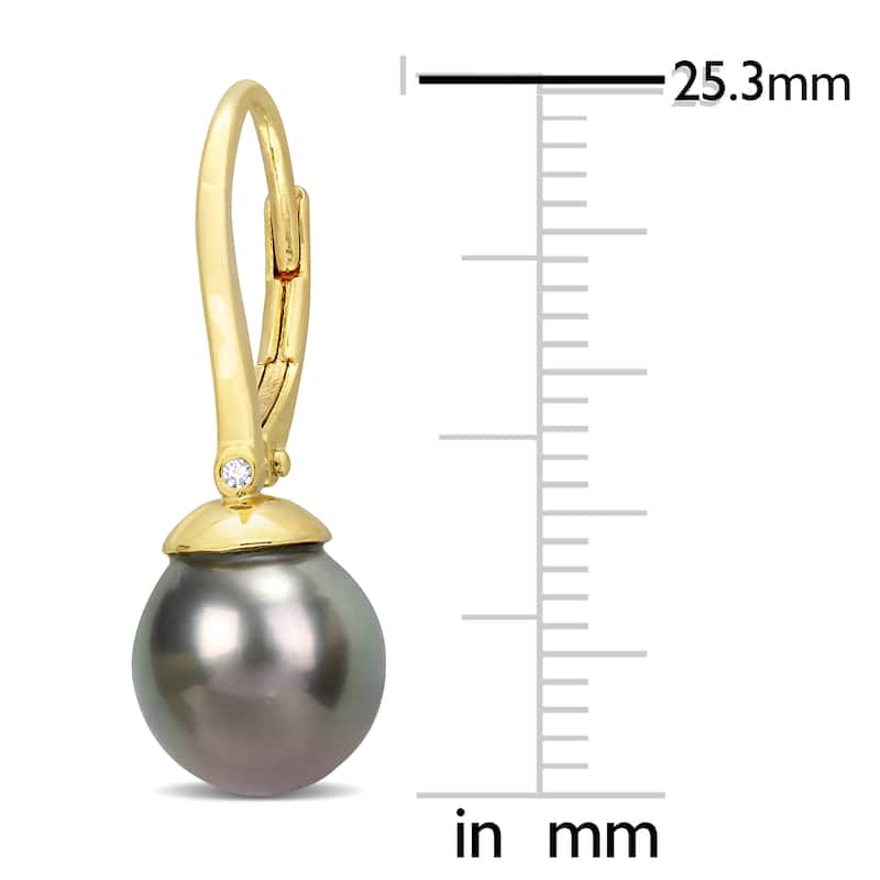 Miadora 8-8.5mm Black Tahitian Cultured Pearl & Diamond Accent Leverback Earrings in Yellow Silver