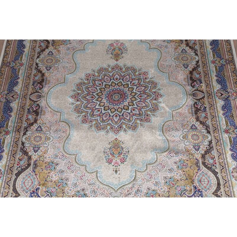 Victorian Style Qum Turkish Area Rug Beige Machine Made Carpet - 7'8" x 11'1"