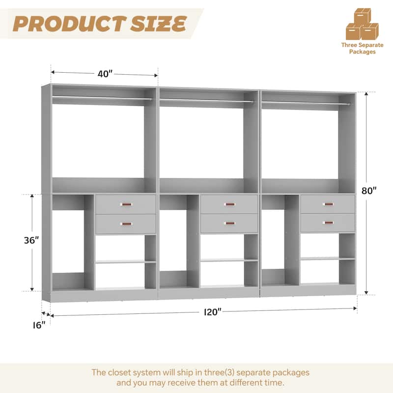 40'' Large Closet System with Shelves and 2 Drawers, Freestanding Closet Organizer with Hanging Rods