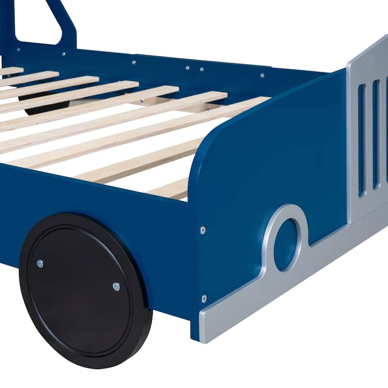 Children's Full Size Platform Bed, Car-Shaped Wooden Bed with Wheels
