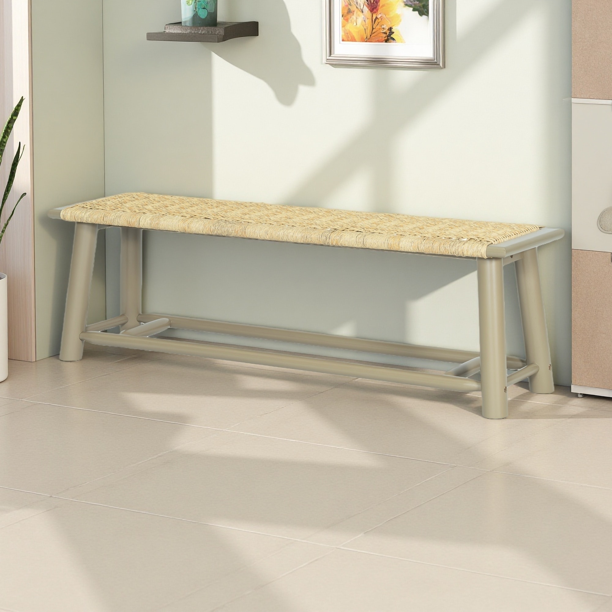 59"L Solid Wood & Rattan Bench, Multi-Functional