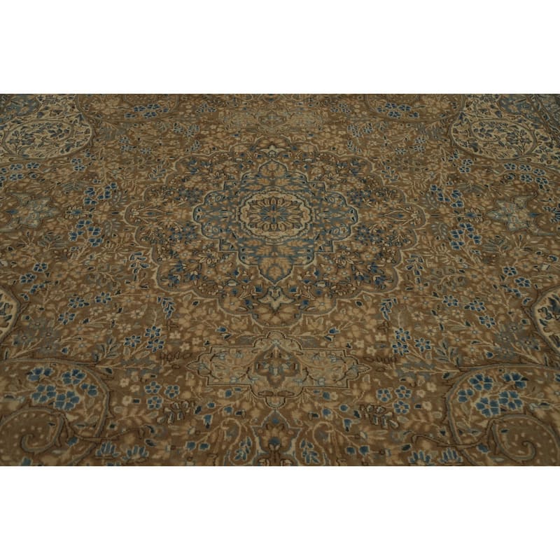 Hand Knotted Oriental 100% Wool Carpet Traditional Floral Brown Kerman Area Rug - 12' 11'' X 9' 7''