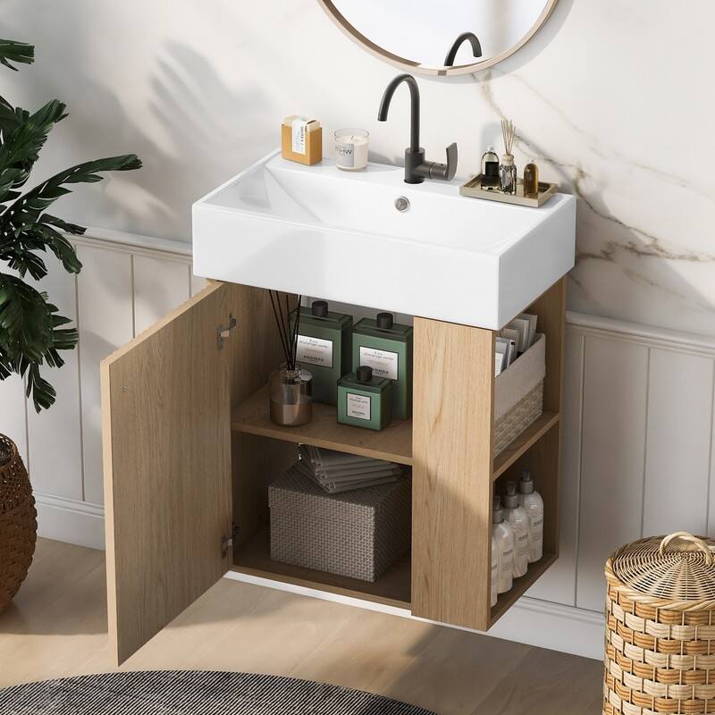21.6" Floating Bathroom Vanity with Ceramic Basin, Right side storage
