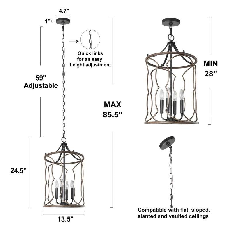 Modern Farmhouse 4-Light Cylinder Wood Grain Chandelier for Kitchen Island