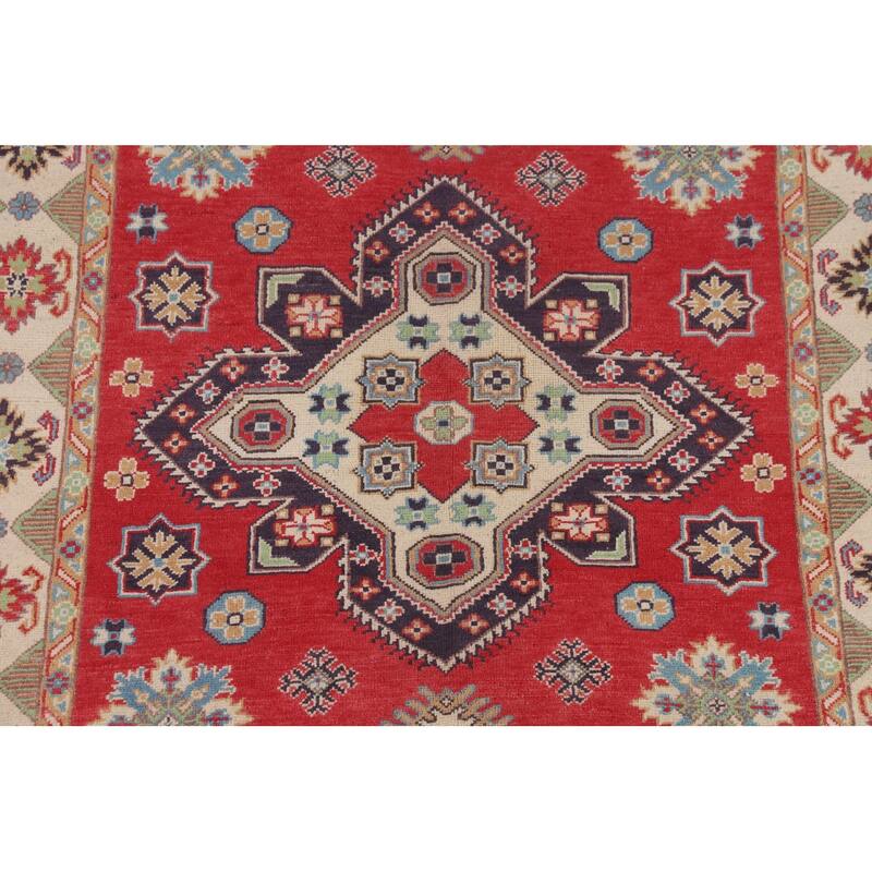 Geometric Kazak Area Rug Handmade Oriental Red Wool Carpet - 4'9" x 6'9"