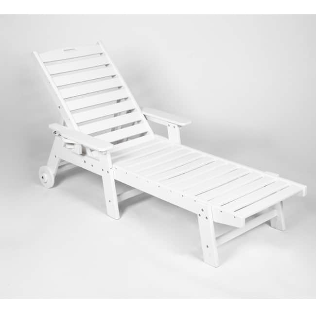 Oversized Outdoor Lounge Chair With Wood Texture‌ - Five-Position Adjustable HDPE Chaise Lounge Featuring Wheels And Cup Holder. - White