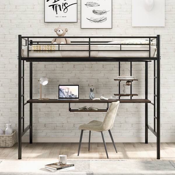 slide 2 of 12, Full Metal Loft Bed with Desk and Shelves, Space-Saving Design, Black Black