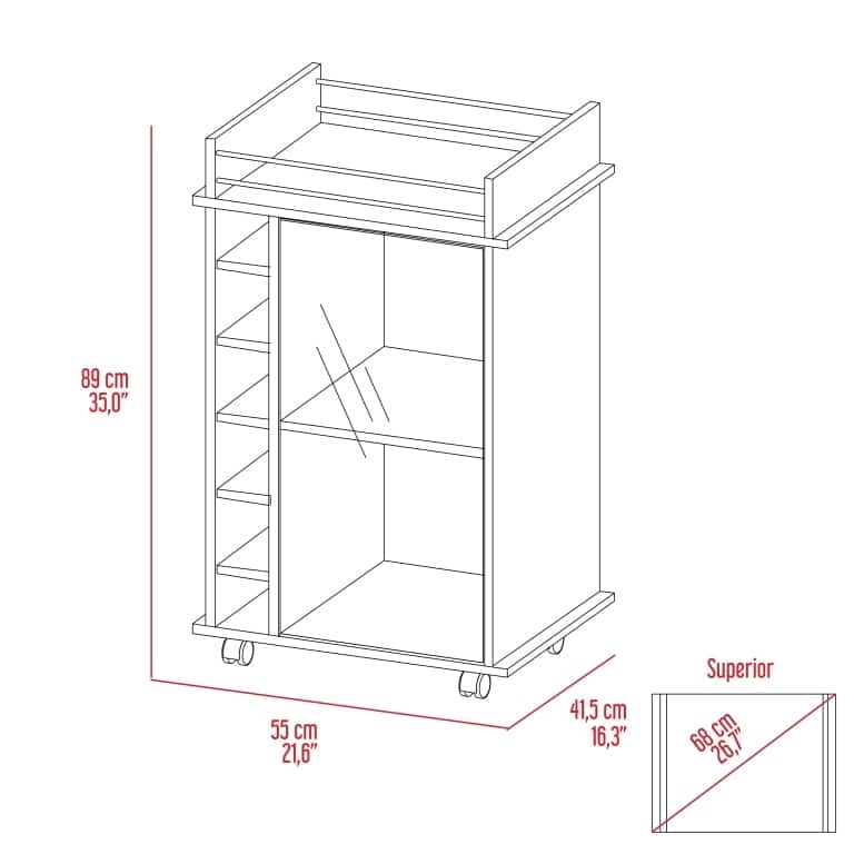 Sleek Bar Cart with Glass Door, Six Wine Cubbies, Locking Casters, Top Shelf - Carbon Espresso