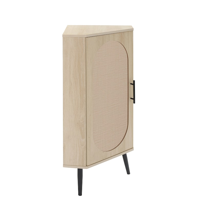 Roomfitters Corner Cabinet with Rattan Door, Freestanding Storage Shelf Stand for Small Spaces