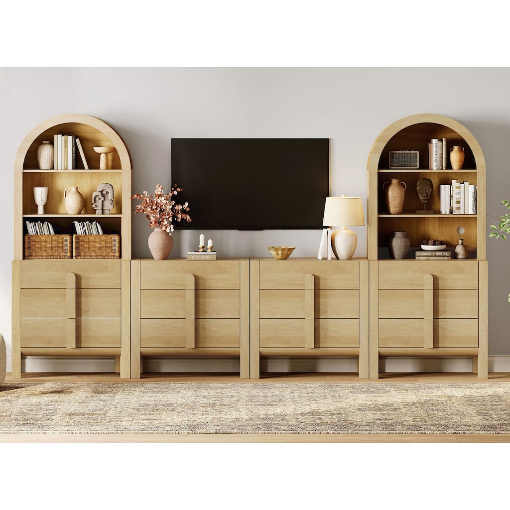 126" Mid-Century Modern TV Stand with Bookshelves for Tvs Up to 70", Large Entertainment Center with 12 Drawers