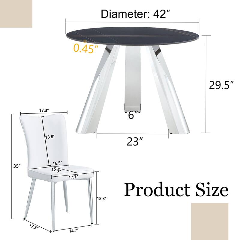 Sintered Stone Dining Table and Chair Set Mirror-polished Stainless Steel Base 4 White PU Chairs Round Dining Table