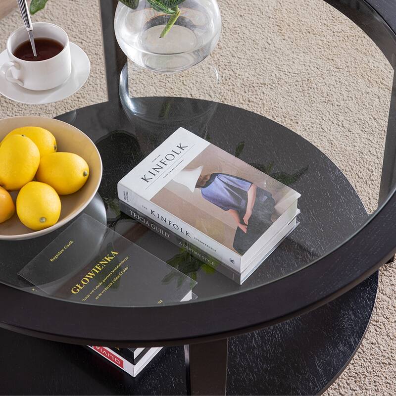 Round Coffee Table With Glass Top and Storage