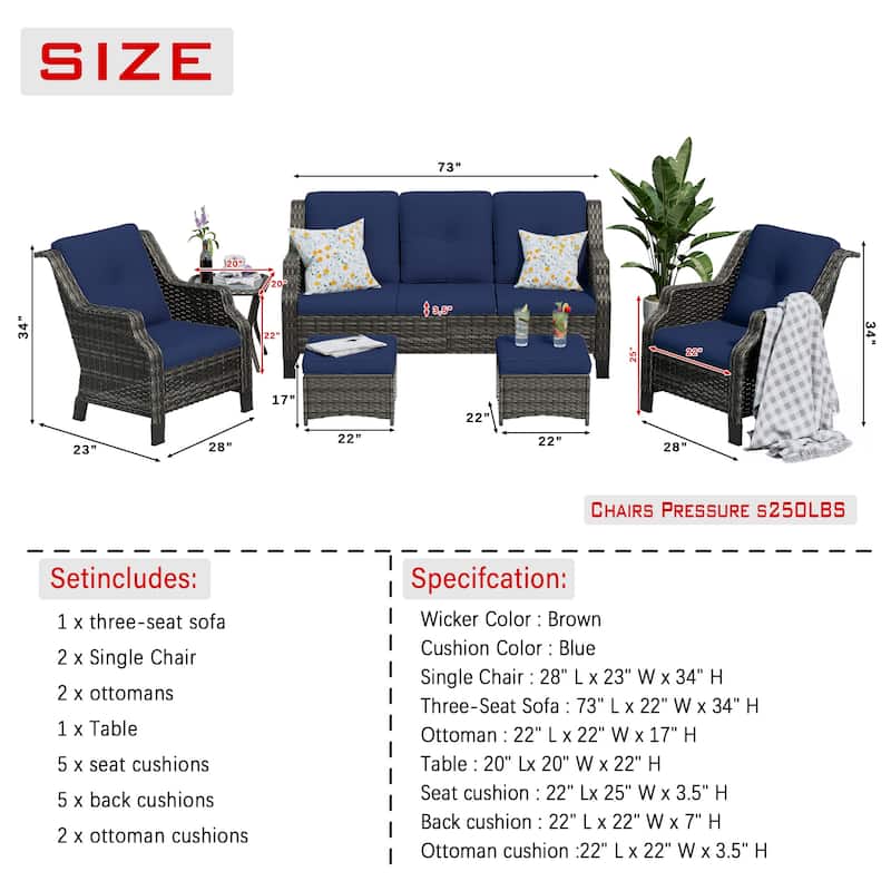 Cozywor 6-Piece Outdoor Patio Rattan Wicker Chairs with Side Table and Two Ottomans for Backyard Porch Deck, Metal Rocking Frame