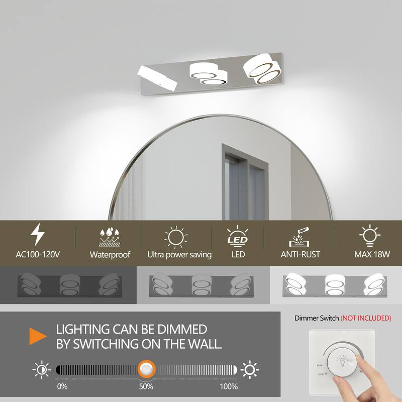 LED Modern 3 Light White Rotating Oval Acrylic with 21 Inch Vanity Light Over Mirror Lighting Fixture