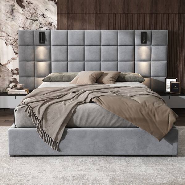 Svens Modern Upholstered Velvet Platform Bedframe & Headboard with Lamps and USB Ports, Grey