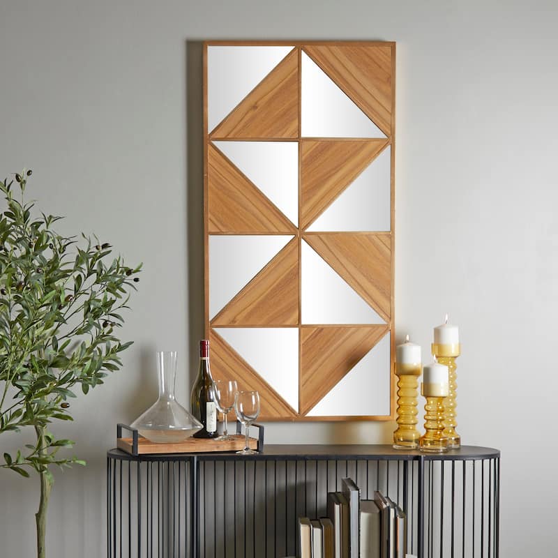 Light Brown Wood Triangle Mirrored Geometric Wall Decor - Light Brown - 24"W, 47"H