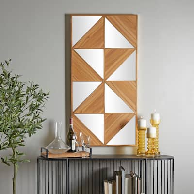 Light Brown Wood Triangle Mirrored Geometric Wall Decor
